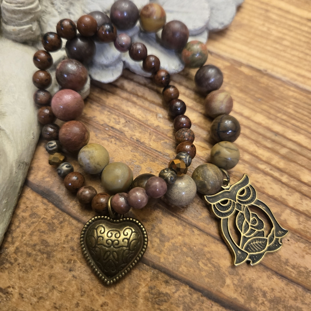 Artisan Beaded Bracelet Set with Owl and Heart Charms